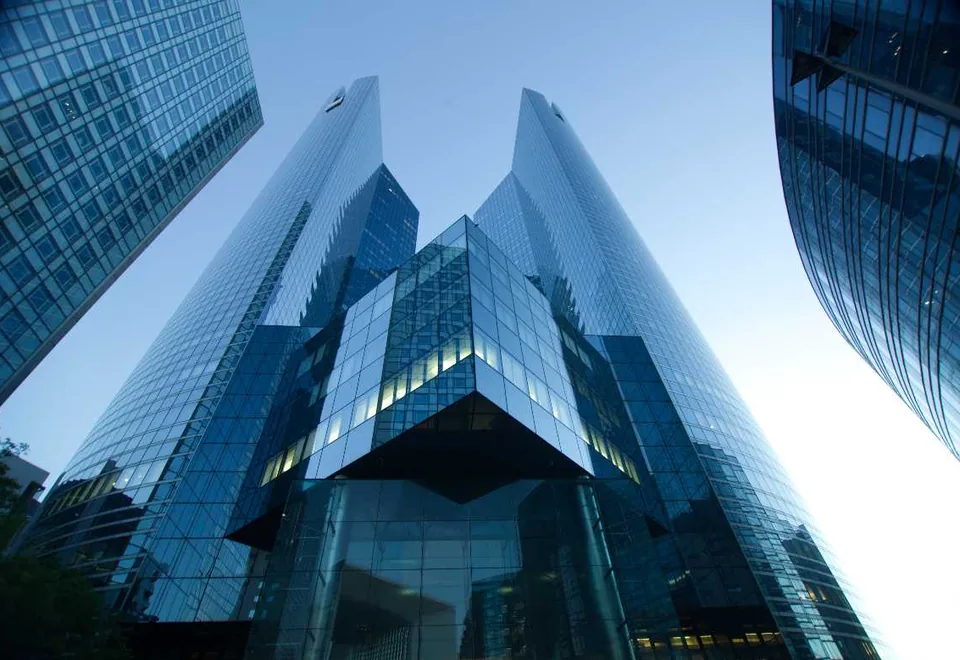 Glass office towers viewed from below